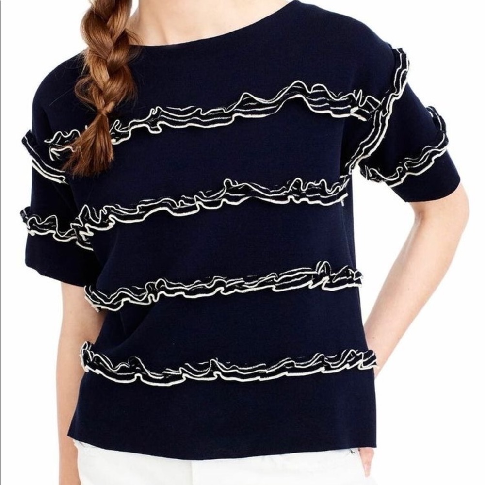 J crew ruffled navy and white boatneck top
